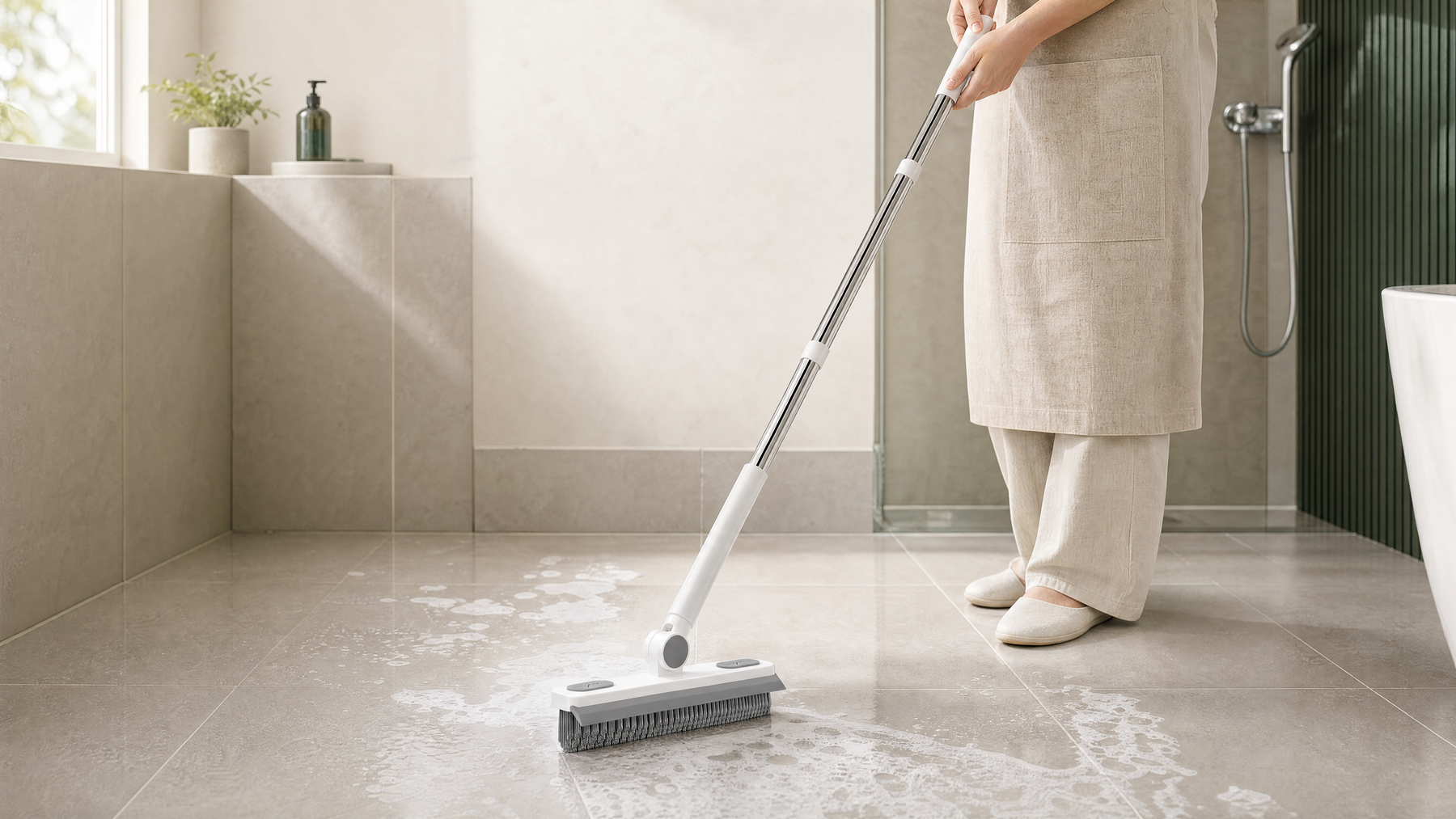 Caption: the brush at full extension, head flat to a tiled floor, hands at waist height.